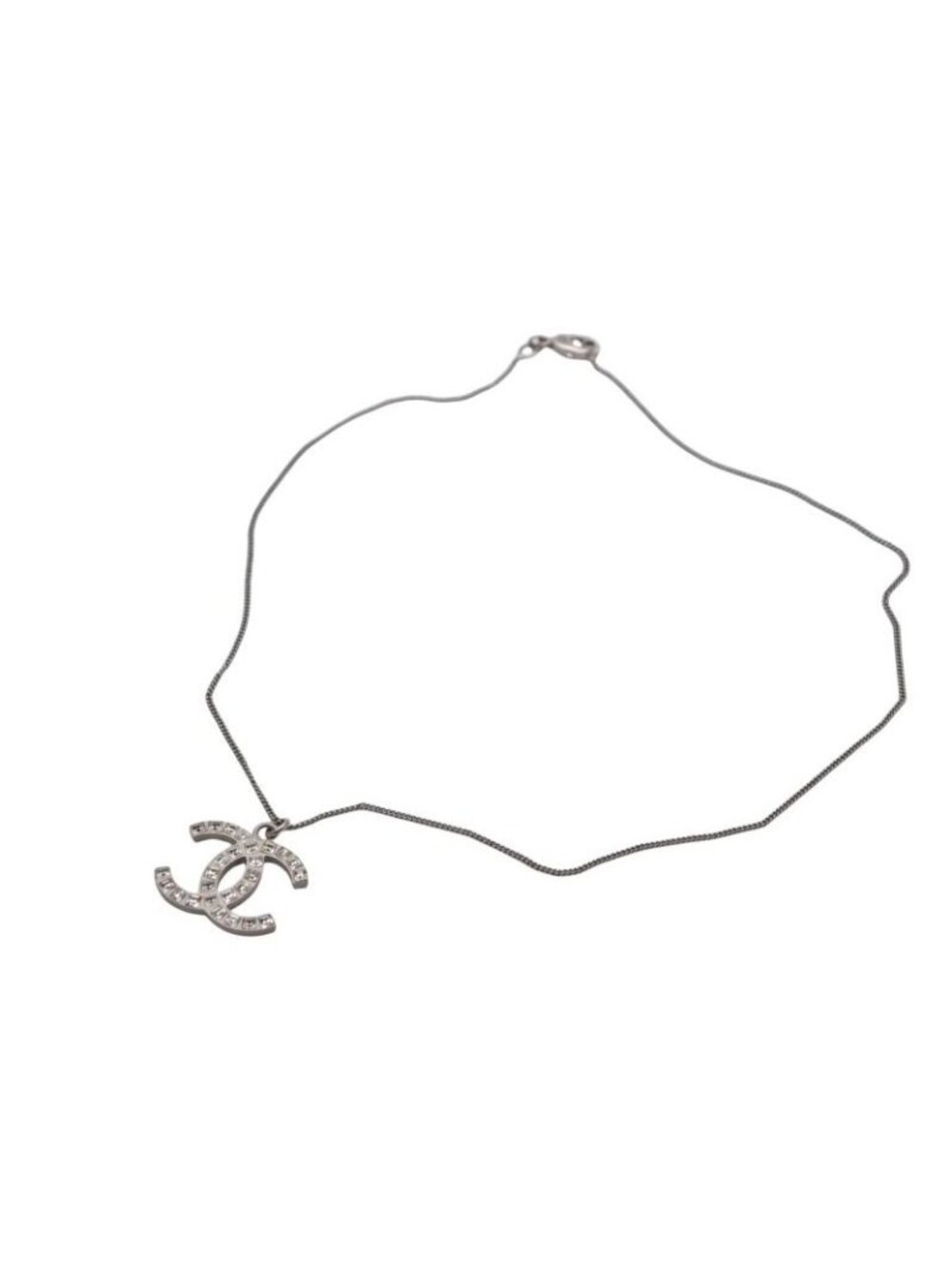 Chanel CC Logo Square Rhinestone Necklace 12 45 Silver Metal